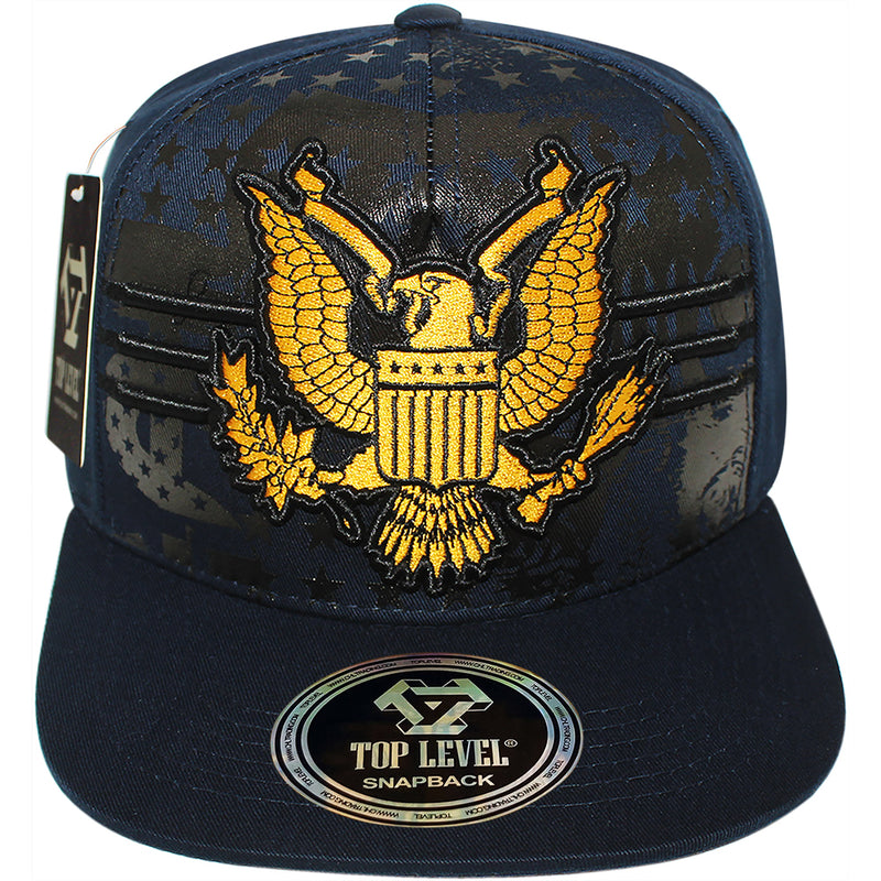 TOP LEVEL : USA | Embroidered Gold American Bald Eagle Emblem Design Snapback Cap