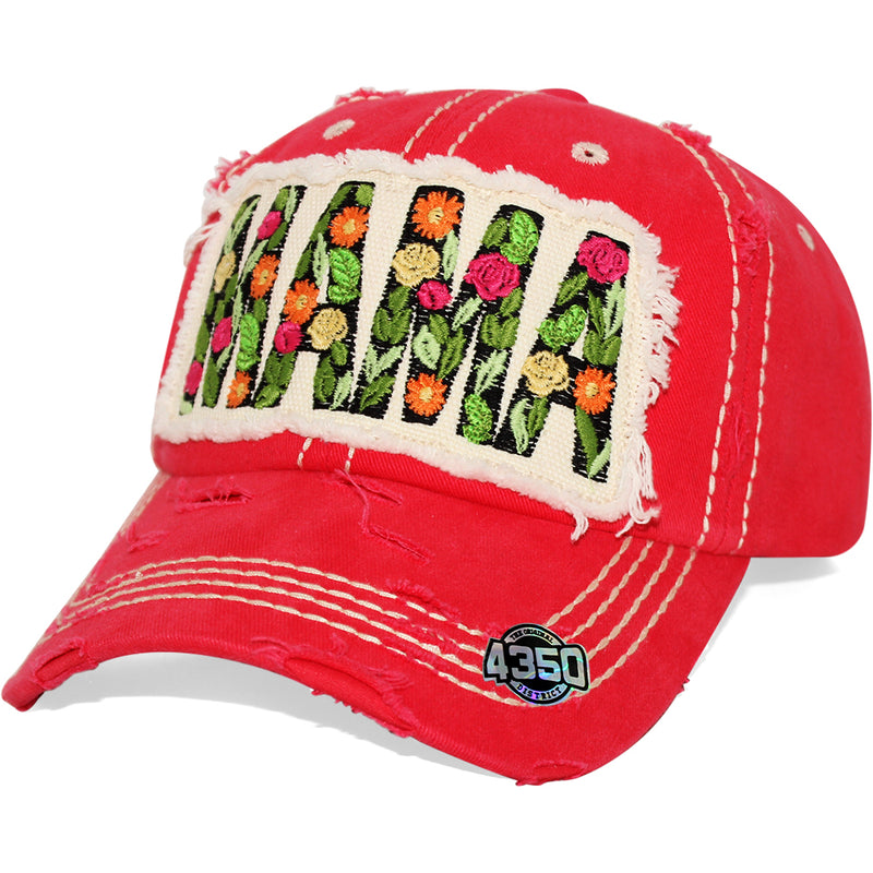 4350 DISTRICT : T13 | MAMA Embossed Verbiage with Flower Embroidery with Oxford Patch Design Vintage Baseball Cap